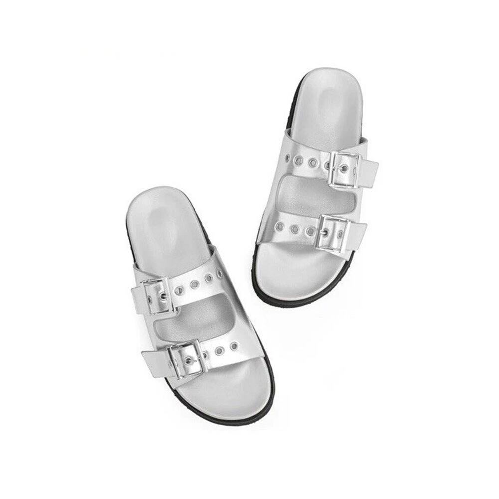Easyfox Silver Slides Sandals Shoes Women's Double‎ Buckle Adjustable